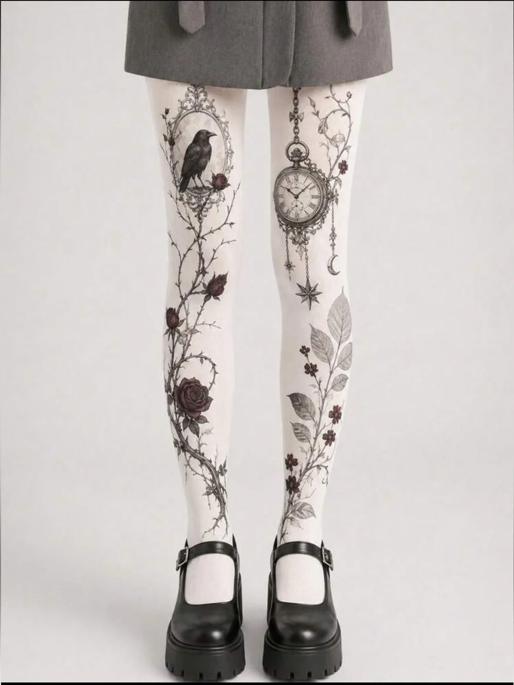 Women's White Velvet Crow & Pocket Watch Print Tights - Gothic Rose Vine